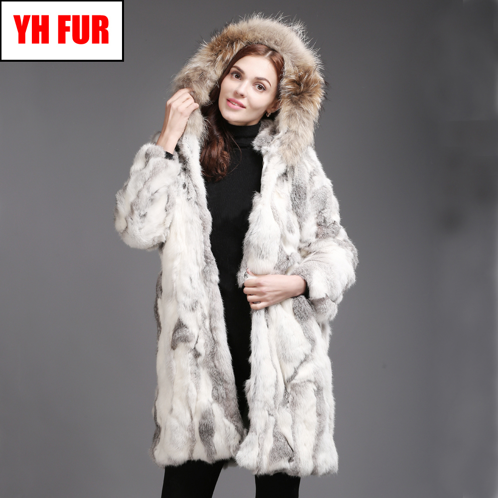New Fashion Women Real Coat Winter Warm Soft Jacket With Raccoon Collar Hooded Rabbit Fur Outerwear LJ201204