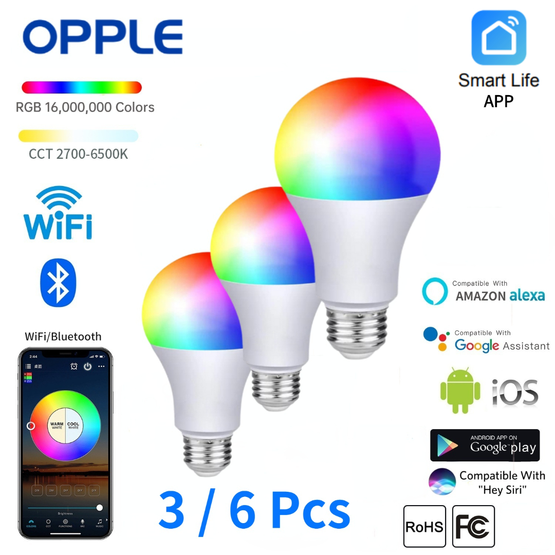 OPPLE RGB Bulbs 3 6 Pcs E26 Wifi 9W RGB Bulbs Bluetooth Lamp America Voltage Smart Home Alexa Voice IOS Android Dimmable Alice Google Siri Light