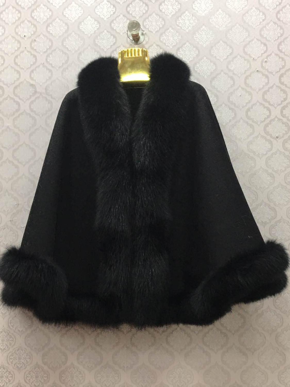 100% wool shawl with natural fox fur collar bottom trimming cape drop shipping wrap furry winter autumn wedding white 201103