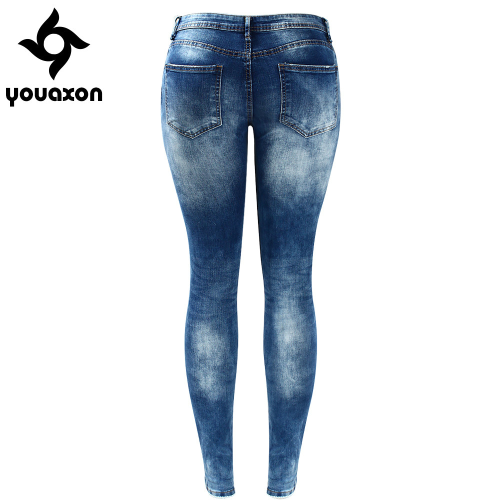 2045 Youaxon Women`s Fashion Blue Low Rise Skinny Distressed Washed Stretch Denim Jeans For Women Ripped Pants 201029