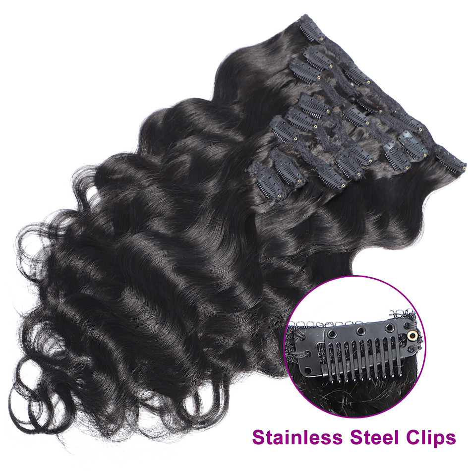 Clip In Hair Extensions Human Hair Brazilian Body Wave 8 Pcs/Set Natural Black Color 8-26 Inch 120G