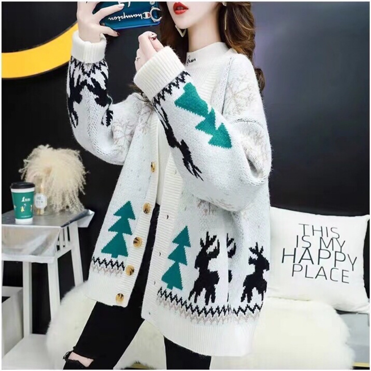 Christmas Women's sweater Scarf Collar Knitted Open Stitch cardigan oversized sweater cropped cardigan winter clothes women 201222