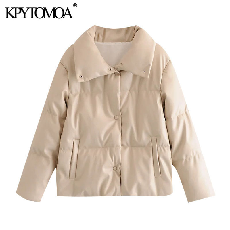 KPYTOMOA Women Fashion Thick Warm Parkas Faux Leather Padded Jacket Coat Vintage Long Sleeve Pockets Female Outerwear Chic Tops 201201