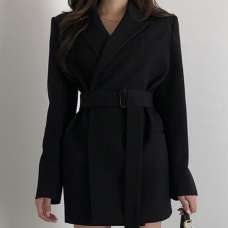 LANMREM Spring New Casual long suit Fashion Women Loose Temperament Solid Color Dark Buckle Long Blazer with belt TC780 201114