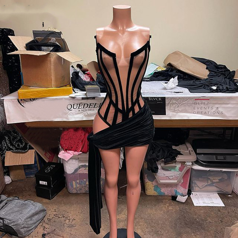 Sexy Nude Sleeveless evening cocktail dresses Custom African Girl Black Velvet aso ebi Short Mini Pom Dresses 2022 Birthday Party