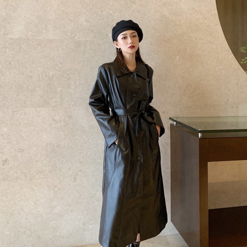 GOOHOJIO Cool PU Leather Long Jacket Fashion Women Jacket Loose Belt PU Leather Windbreaker Trench Women Coat Slim Autumn 201020