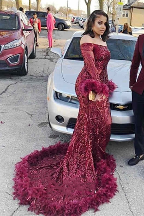 Aso Ebi Sparkly Wine Sequin Feather Hem Prom Dresses Off The Shoulder Long Sleeve Black Girls Evening Gowns Burgundy Glitter Mermaid Special Occasion 
