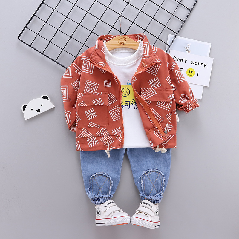 Children Fashion BOY'S Western Style Spring and Autumn Stand Collar Long Sleeve Zipper Jacket Small CHILDREN'S with Holes JeansX1019