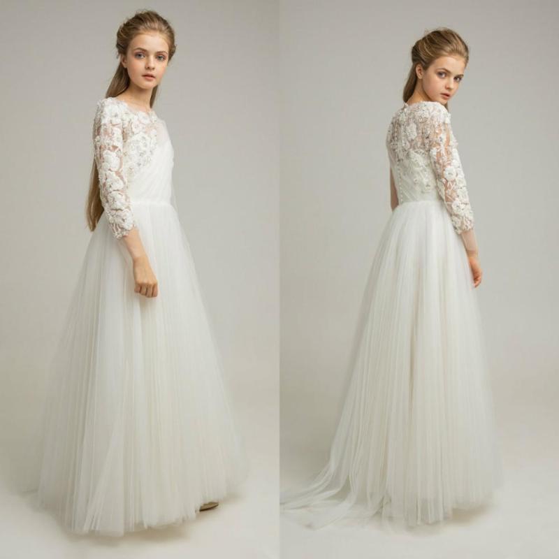 Simple Bohemian Flower Girl Dresses For Wedding Beaded Lace 3D Floral Appliqued Girls Pageant Gowns 2020 First Communion Dress, Beige