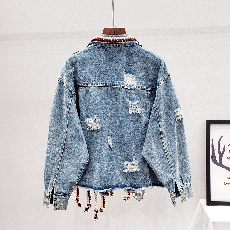 DEAT Autumn Winter Long Sleeve Turn Down Collar Vintage Holes Mesh Patchwork Blue Denim Jacket Women Coat Streetwear MJ999 201017