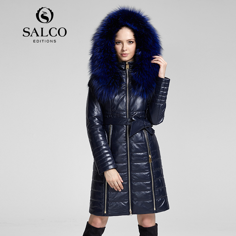 SALCO Free shipping newest popular in Europe and America long raccoon fur hooded leather jacket ladies section 201226