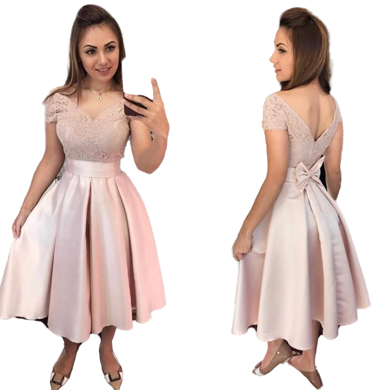 Dusty Pink Knee Length Homecoming Dresses 2022 A-Line Cap Sleeve Lace Appliques Backless Satin Elegant Short Party Prom Dresses Cocktail Graduation Go
