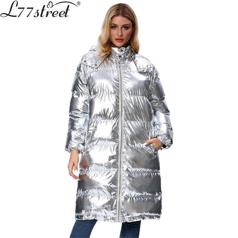 L77street Liizi Winter Thick Tooded Shiny Woman Winter Jacket Silver Long over-the-knee versatile Cotton coat 201110