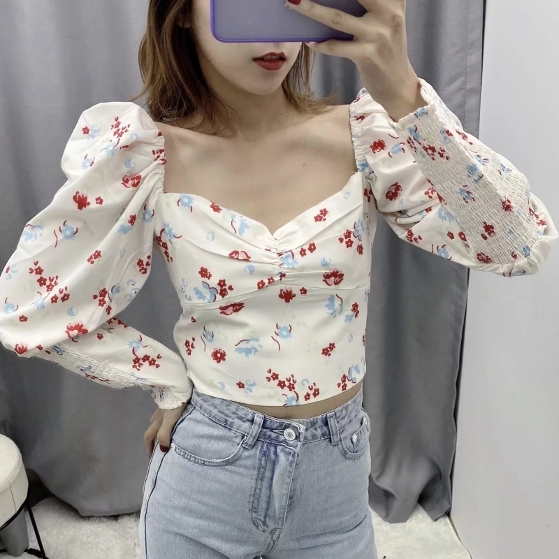 Flower Printingt Square Collar Women Slim Shirt Crop Tops Autumn Leisure Lady Puff Sleeve Blouse S6569 201201