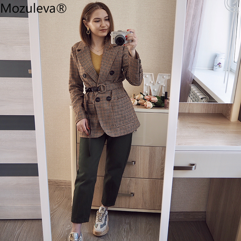 Mozuleva Korean Plaid Women Work Blazer Jacket Casual Double-breasted Sashes Suit Jacket Female Slim Female Blazer Outwear 201008