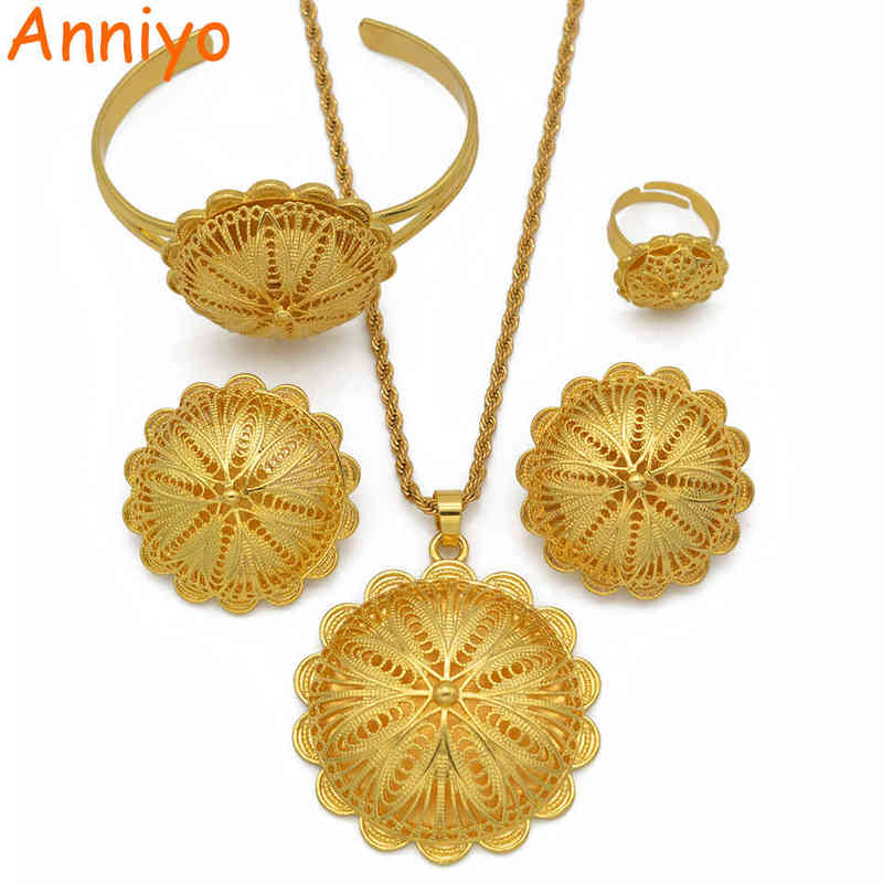 Anniyo Ethiopian Jewelry sets Pendant Necklaces Earrings Ring Bangles for Womens Gold Color Eritrean African Bride Gifts #207506 220105