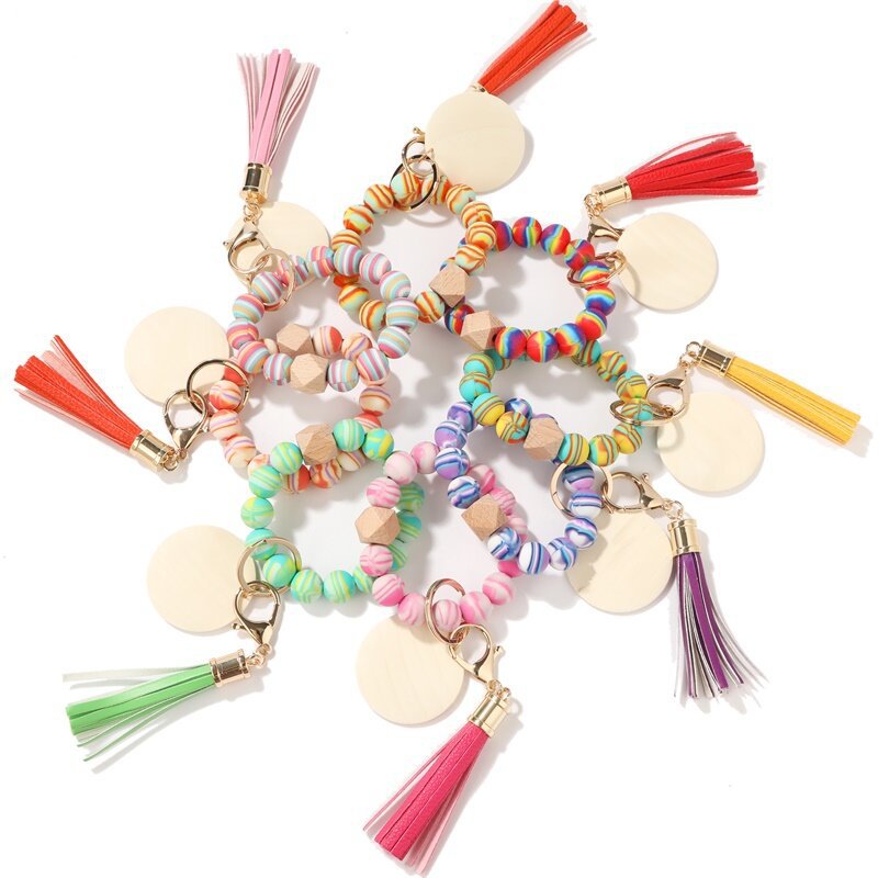Silicone Key Ring Letter Bracelet Keychain Wooden Personalize Keychains blanks Wristlet Bangle Keyring Portable House Car Handbags Tassel Keys Holder