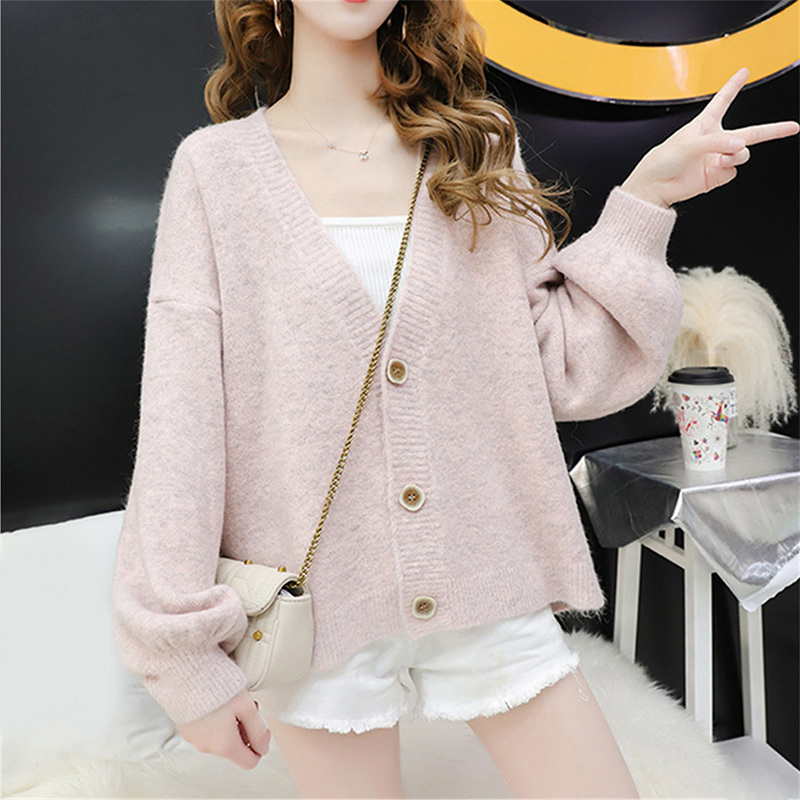 Knitted Cardigan Women's Sweater Long Lantern Sleeve Loose V-Neck Single Breasted Female Autumn Sweaters Korean Sweet Lady Coat 201031