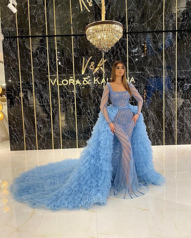 Luxury Design Evening Dresses With Detachable Train Long Sleeve Mermaid Prom Dress Glitter Sequins Square Neck Custom Made Robe De Soirée