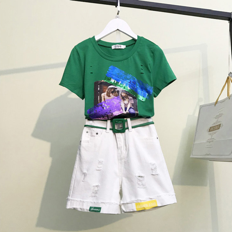 2020 Summer Cotton Womens Tracksuit Clothes Set 2 Piece Sequin Harajuku Letter Tops White Jeans Shorts Pants Outfit Suit 3XL T200603