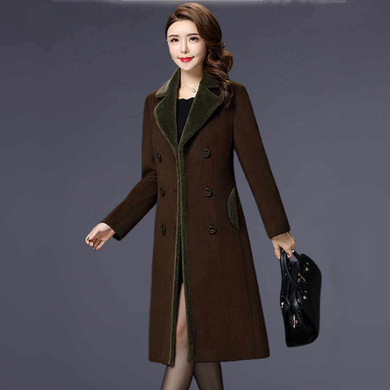 M-5XL New Women Wool Blends Coat Winter Fashion Mother Thicken Cashmere Collar Long Jacket Warm Slim Tops Outerwear Female 201103