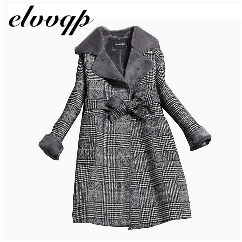 high Quality Woolen Coat Women Winter Long Thick Plus Velvet Warm Fur Jackets Elegant Pocket Plaid Belt Ladies Coats 201216