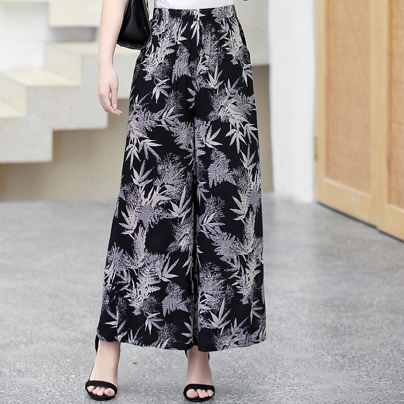 Women Wide Leg Pants Summer Plus Size Loose High Waist Pants Summer Vintage Print Beach Pants Women Ankle-Length Trousers 201031