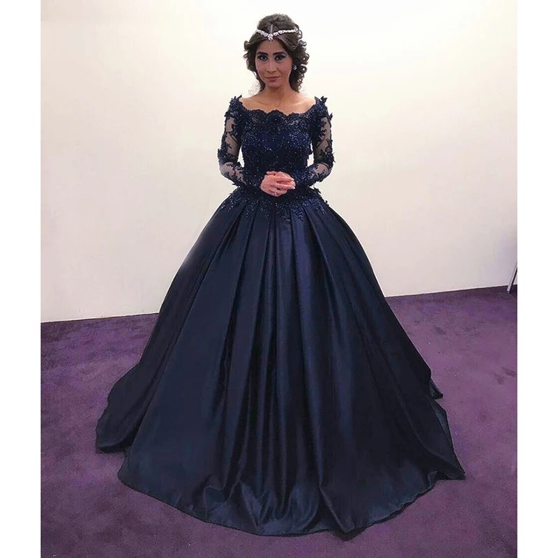 Real Image Navy Evening Dresses Beads Appliqued Lace Ball Gown Prom Dresses Long Sleeves Custom Made Sweep Train Formal Party Pageant Gown