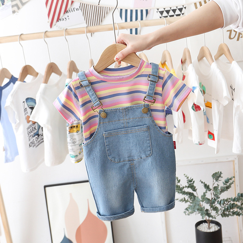 New Toddler Baby Boys Girls Clothing Sets 2Pcs T-shirts+Wing Overalls Rainbow Print Children's T shirt Clothes Fashion Kids SetsX1019