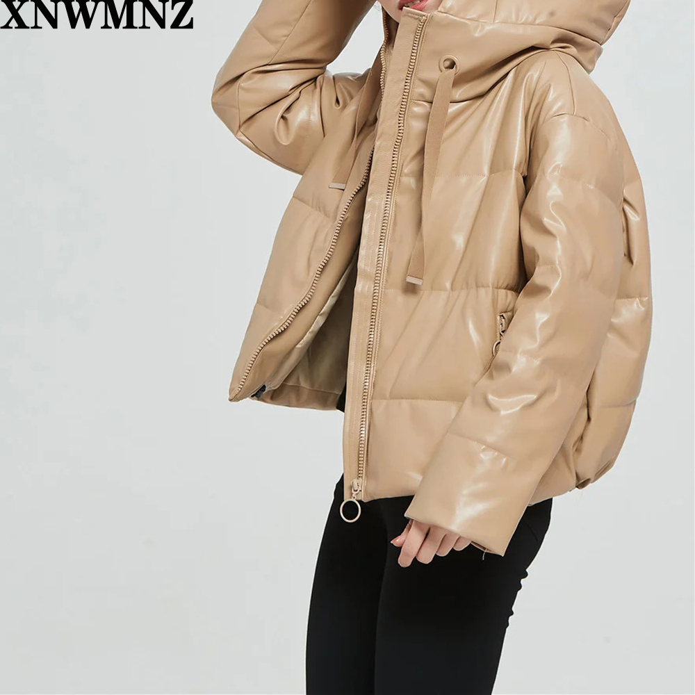 Za Women black fur faux leather jacket coat oversized zipper Winter Female Thick pu hooded jacket Overcoat High quality 201019