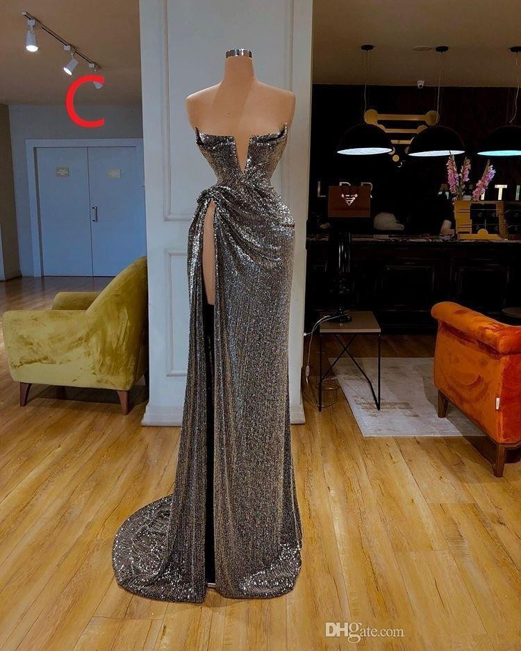 Glitter Sliver Evening Dresses Sexy Side Split Bling Sequins Mermaid Prom Dress Fashion Sweep Train Custom Made Robe De Soirée