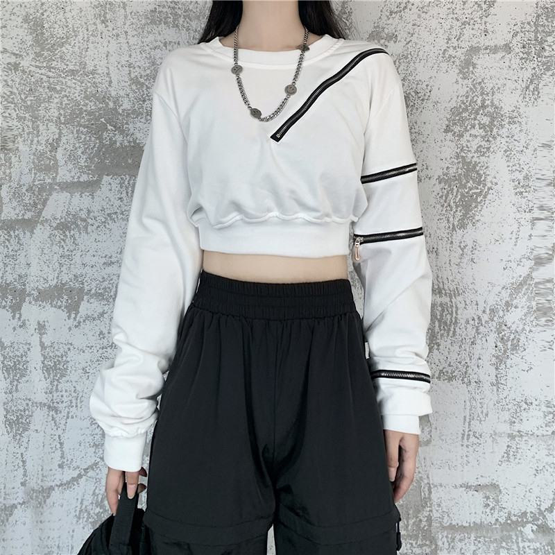 2021 Autumn Women Streetwear Fashion Zipper Strapless Hoodie Loose Round Neck Pullovers Casual Short Hoodies 4tpi, Black 
2021 Autumn Women Streetwear Fashion Zipper Strapless Hoodie Loose Round Neck Pullovers Casual Short Hoodies 4tpi, Black