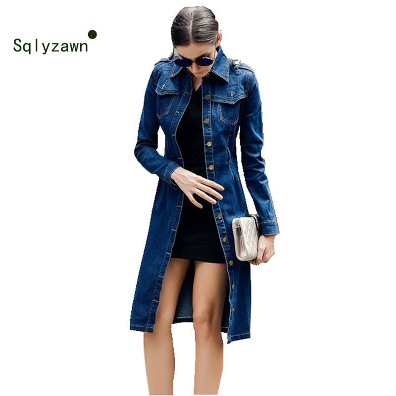 Women Autumn Cotton Slim Denim Trench Coat Long Sleeve Vintage Casual Jeans Windbreaker Pencil Dress with Belt Overcoat 4XL 201111
