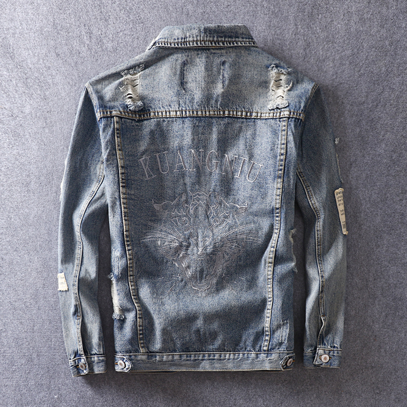 Fashion Streetwear Men Jacket Retro Blue Destroy Ripped Denim Jacket Men Coat Tiger Embroidery Stripe Hip Hop Jean Jacket Hombre T200502