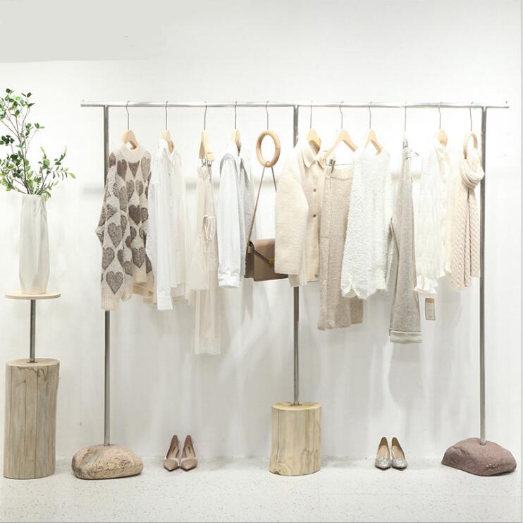 Customized stainless steel silver rack Commercial Furniture drawing stone floor hanging racks women's cloth shop display shelf
