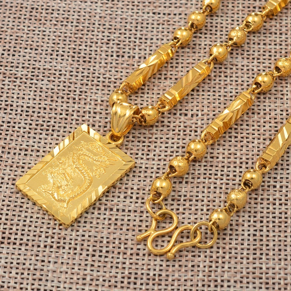 Anniyo Men's Dragon Pendant and Ball Beads Chain Necklaces Gold Color Jewelry for Father or Husband's Gift #006809P 201014