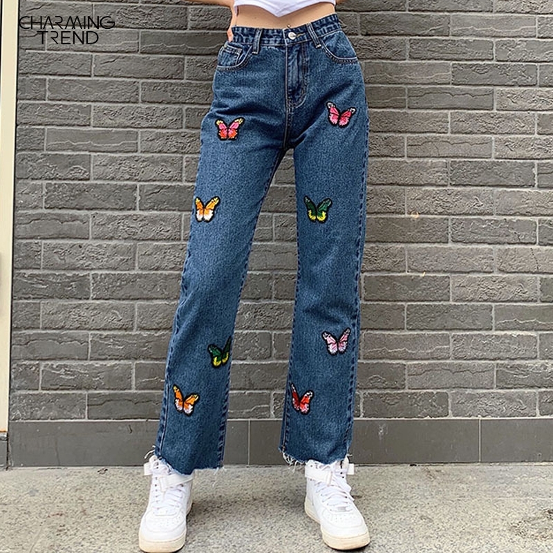 Butterfly embroidery womens jeans summer autumn vintage long pant high waist denim trousers casual straight female jeans cute 201029