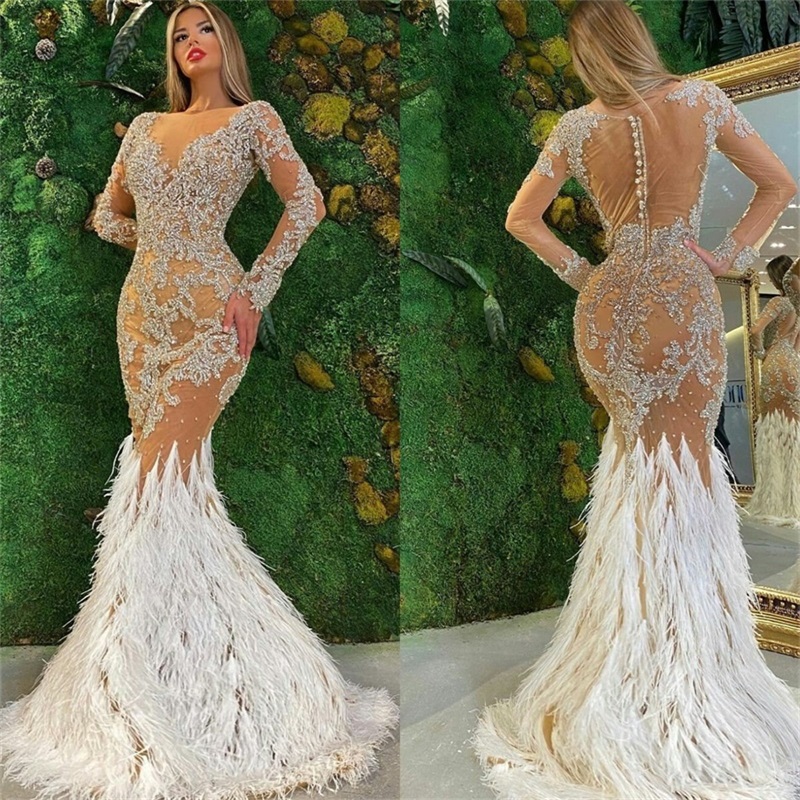 Real Image Feather Evening Dresses Glitter Sequins Beads Appliqued Mermaid Long Sleeves Prom Dresses Gorgeous Pageant Gown Custom Made
