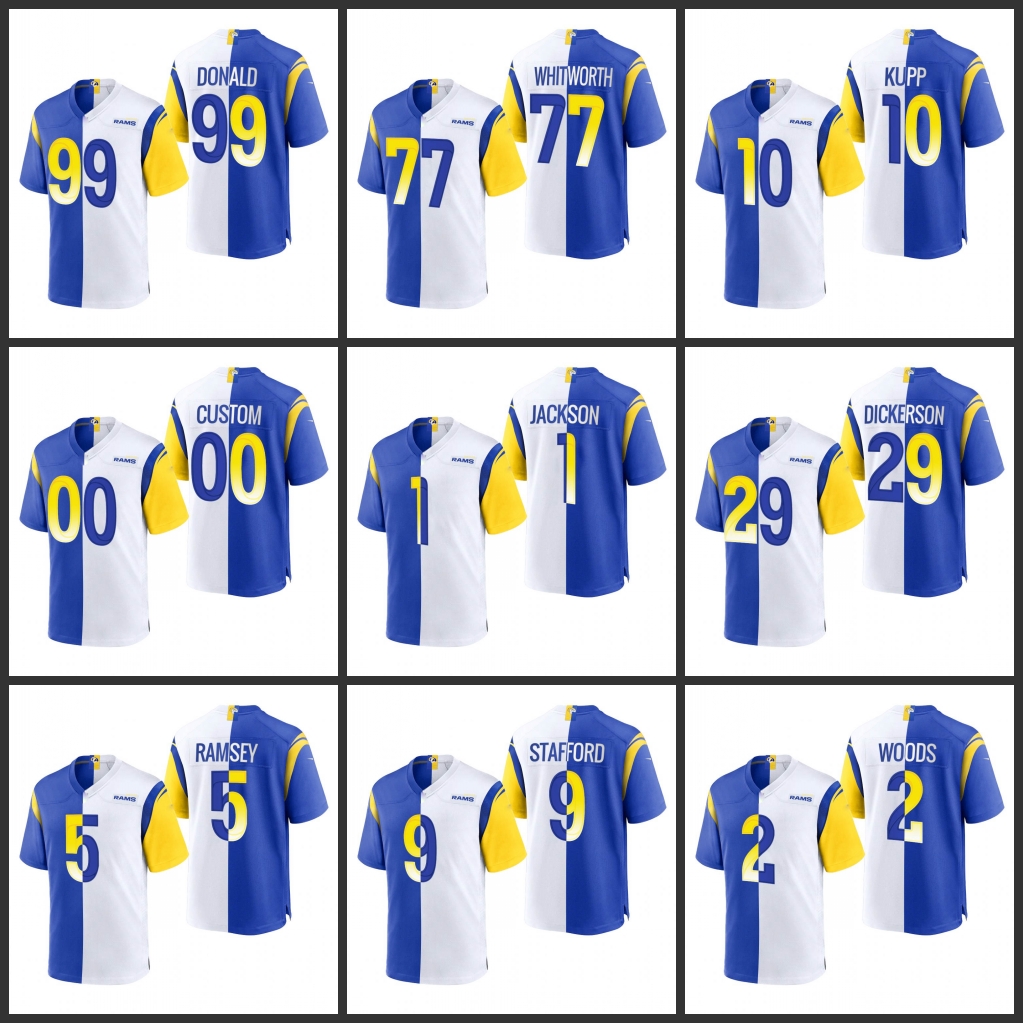 

Jersey Los Angeles''Rams''Men #1 DeSean Jackson 10 Cooper Kupp 9 Matthew Stafford 99 Aaron Donald''NFL''Women Youth Custom Royal White Game Split