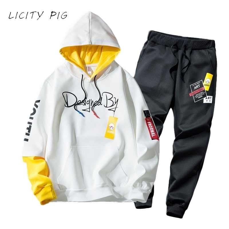 LICITY PIG tracksuit men print hoodie sweatpants teengers sport suits student casual outfit style sweatsuits jogging men set 201130