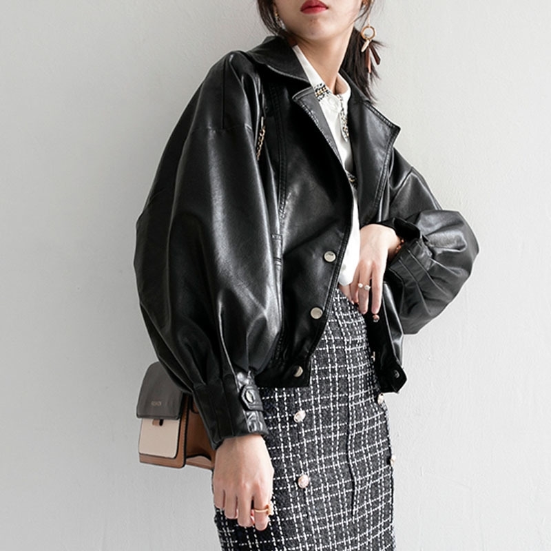 Autumn Women Faux Leather Jacket Fashion Loose Soft Pu Motorcycle Punk Leather Biker Coat For Female Outwear 201030