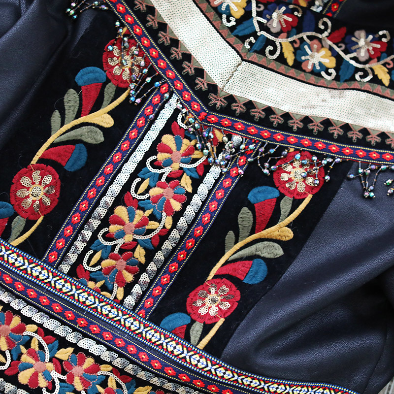AIGYPTOS Winter Women Exotic Vintage Loose Embroidery Tassel PU Leather lambswool Patchwork Warm Black Locomotive Jacket 201029