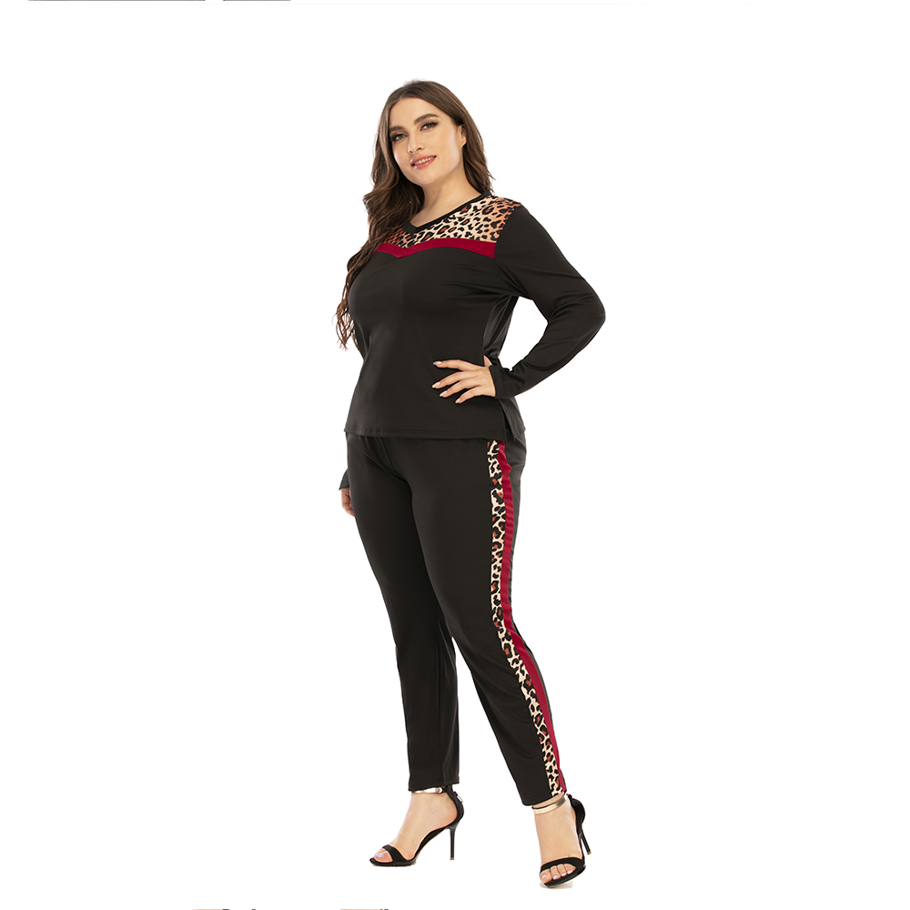 6XL Plus Size Two Piece Set Women Leopard Printed T-Shirts And Pants Casual Long Sleeve Tracksuit Female V-Neck Tees Tops D30 201119