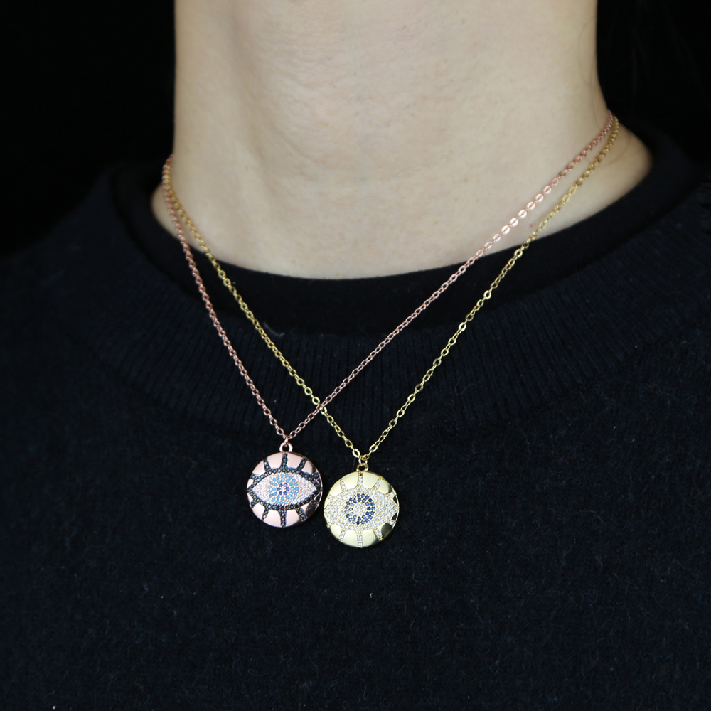 Promotion Rose Gold Geometric Trendy Lady Jewelry Engraved CZ Lucky Turkish Evil Eye Charm Round Coin Pendant Necklace wholesale