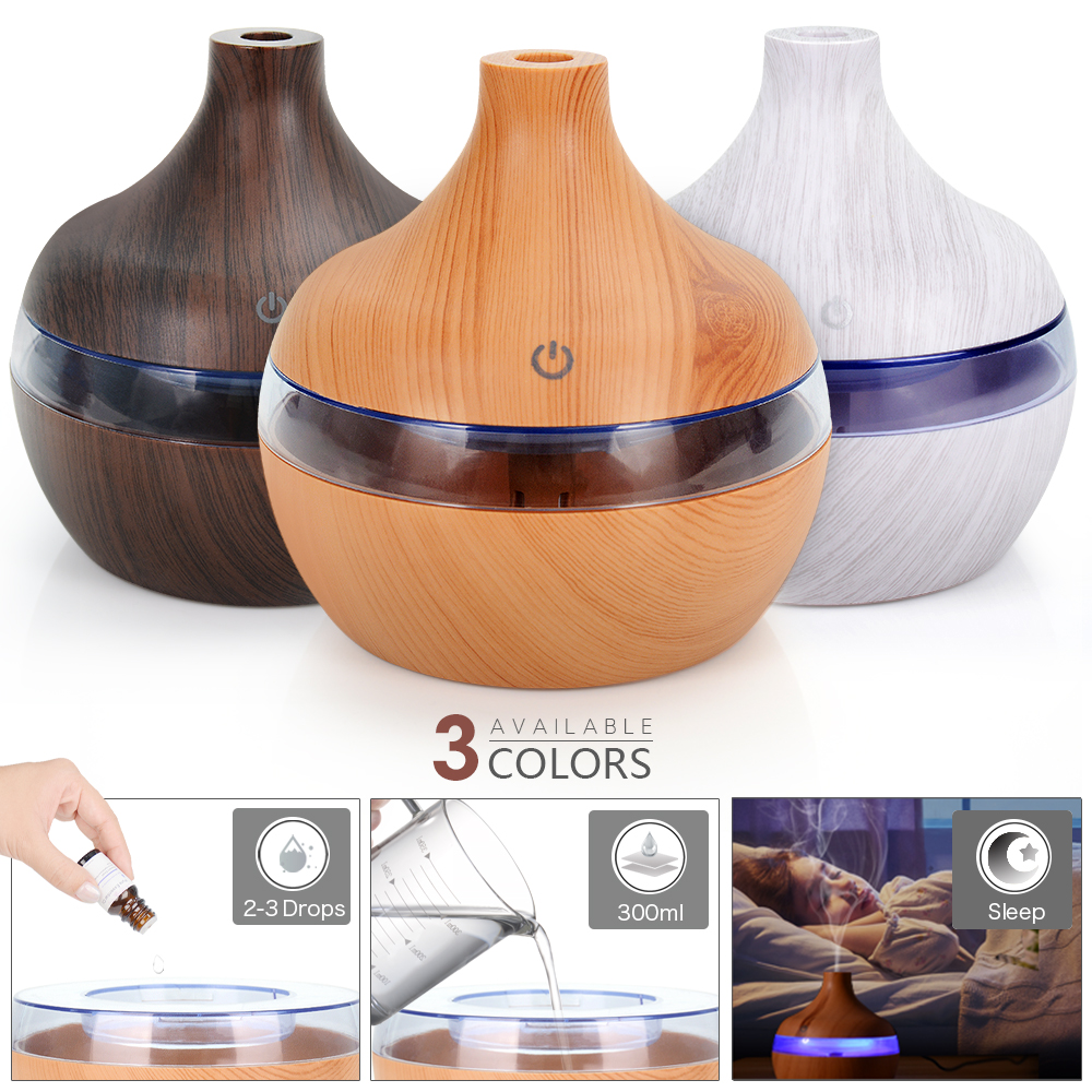 

EZSOZO humidifier 300ML USB Air Humidifier Electric Aroma Diffuser Mist Wood Grain Oil Aromatherapy Mini Have 7 LED Light For Car Home Office