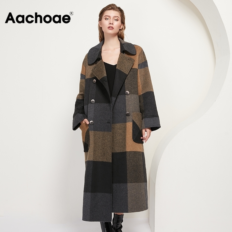 Aachoae Women Vintage Plaid Woolen Long Coat With Pockets Double Breasted Fashion Overcoat Female Batwing Long Sleeve Wool Coats 201027