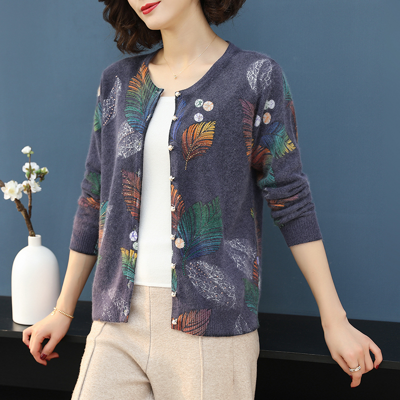 YISU Fashion leaf print women knitted cardigan sweater Oneck buttons short cardigan jumper Casual female ladies outwear 201221