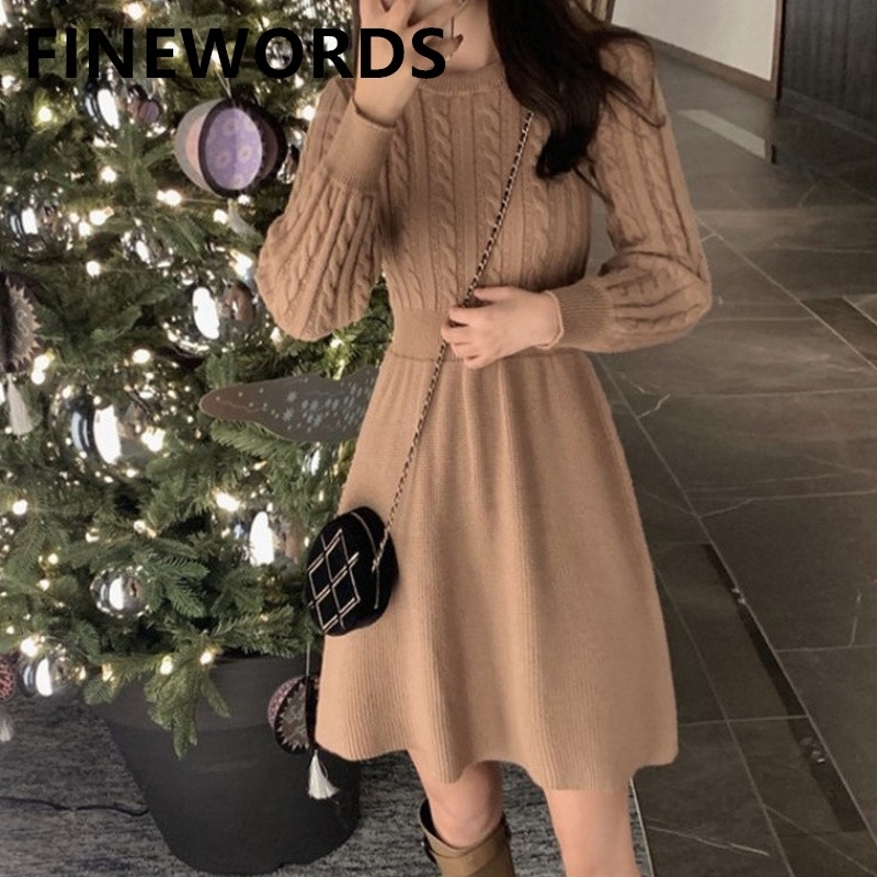 FIORDS Korean Chic Brown Winter Knitted Ladies Dresses Stretch A Line Vintage Christmas Dress Warm Long Sleeve Sweater Dress LJ201204