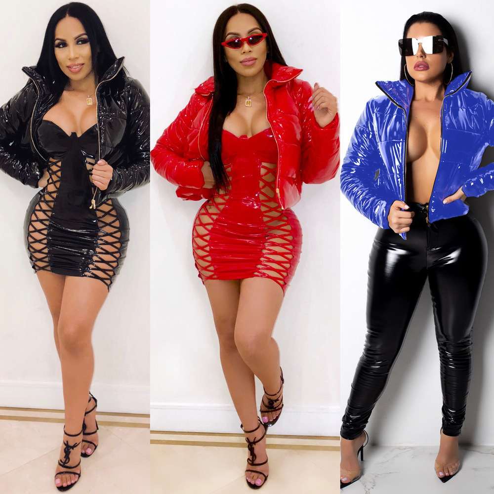 Helisopus Winter Glossy Leather Jacket Women Plus Size Zipper Waterproof Warm Puffer Jacket Outerwear Casual Bubble Short Coat 201026