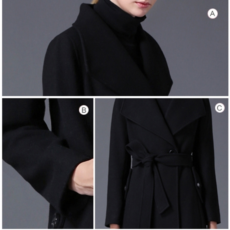 winter women's wool coat lapel black dark blue long section listing large size 201112